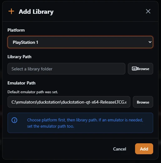 Selecting the library path and emulator path