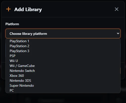 Choosing the library platform from the dropdown menu