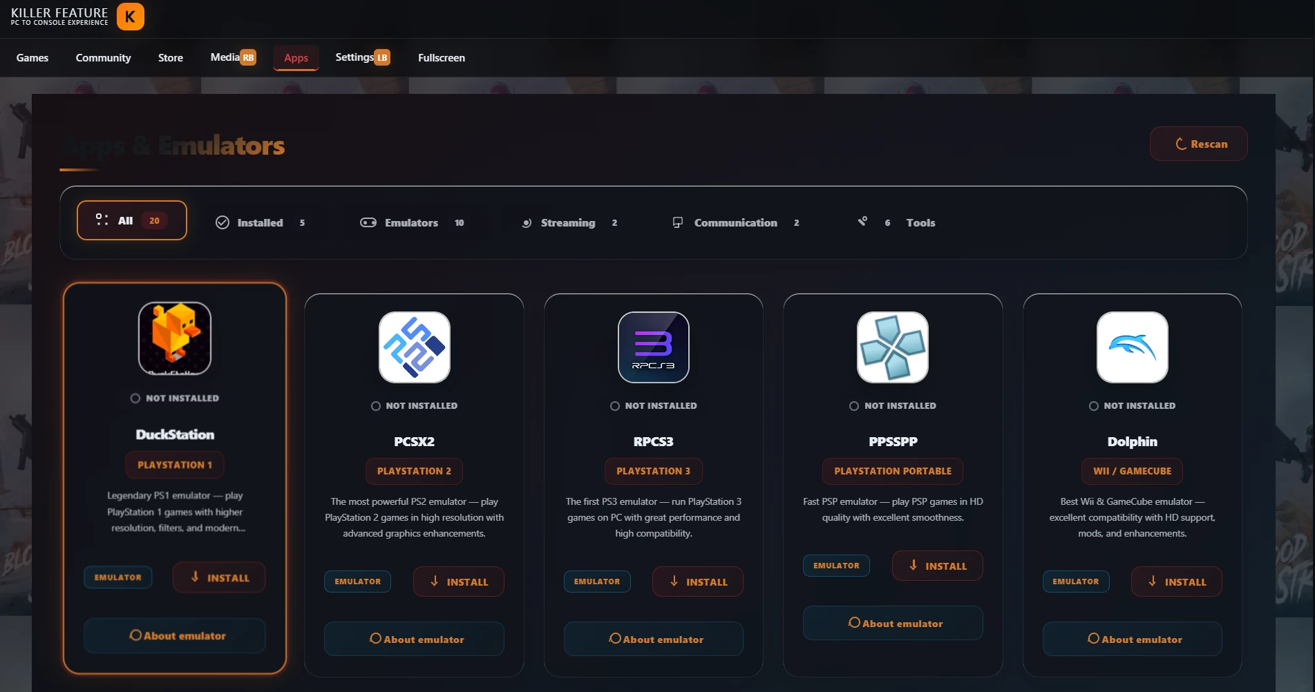 Apps and Emulators tab inside Killer Feature