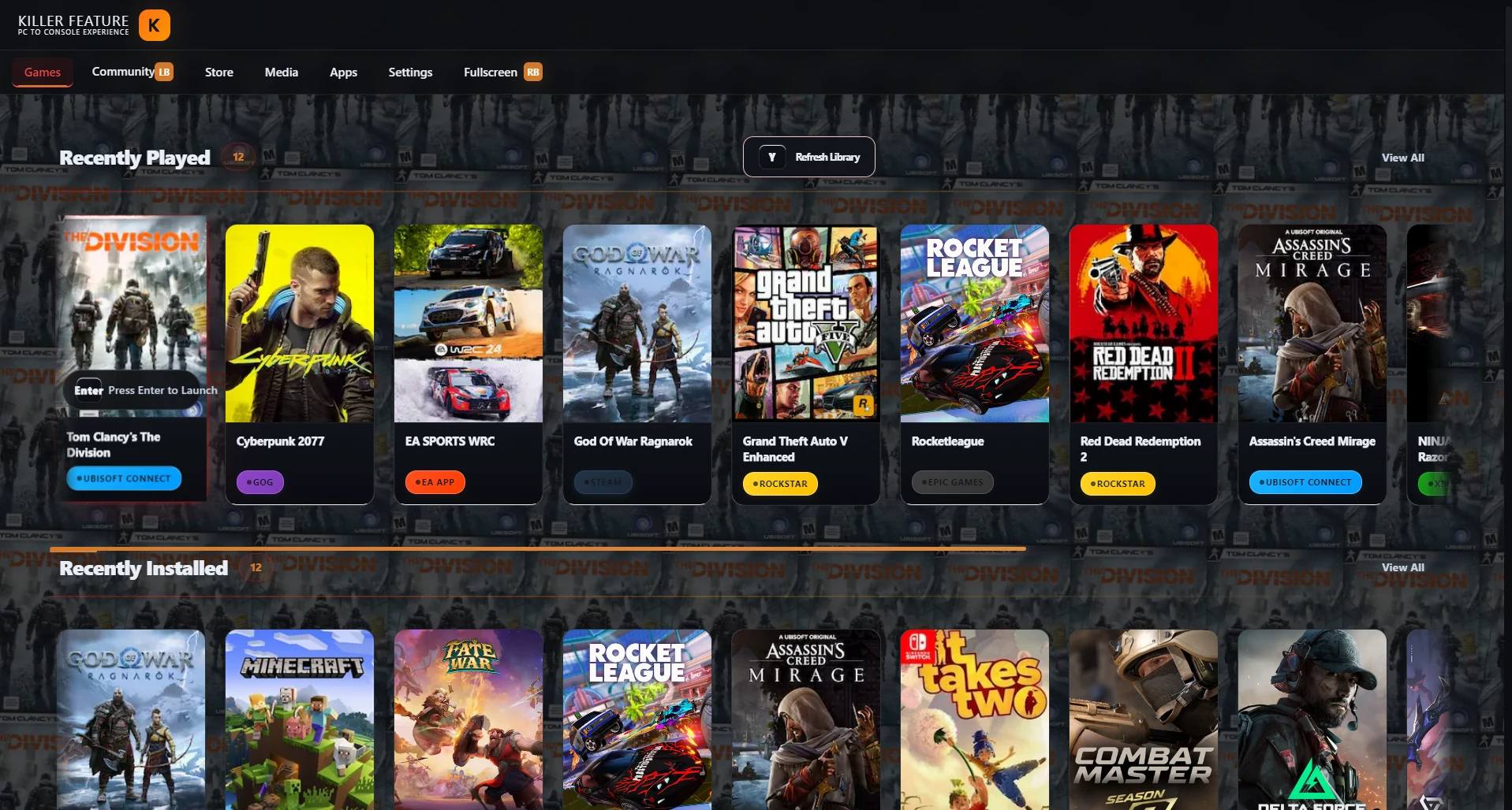Games tab inside Killer Feature