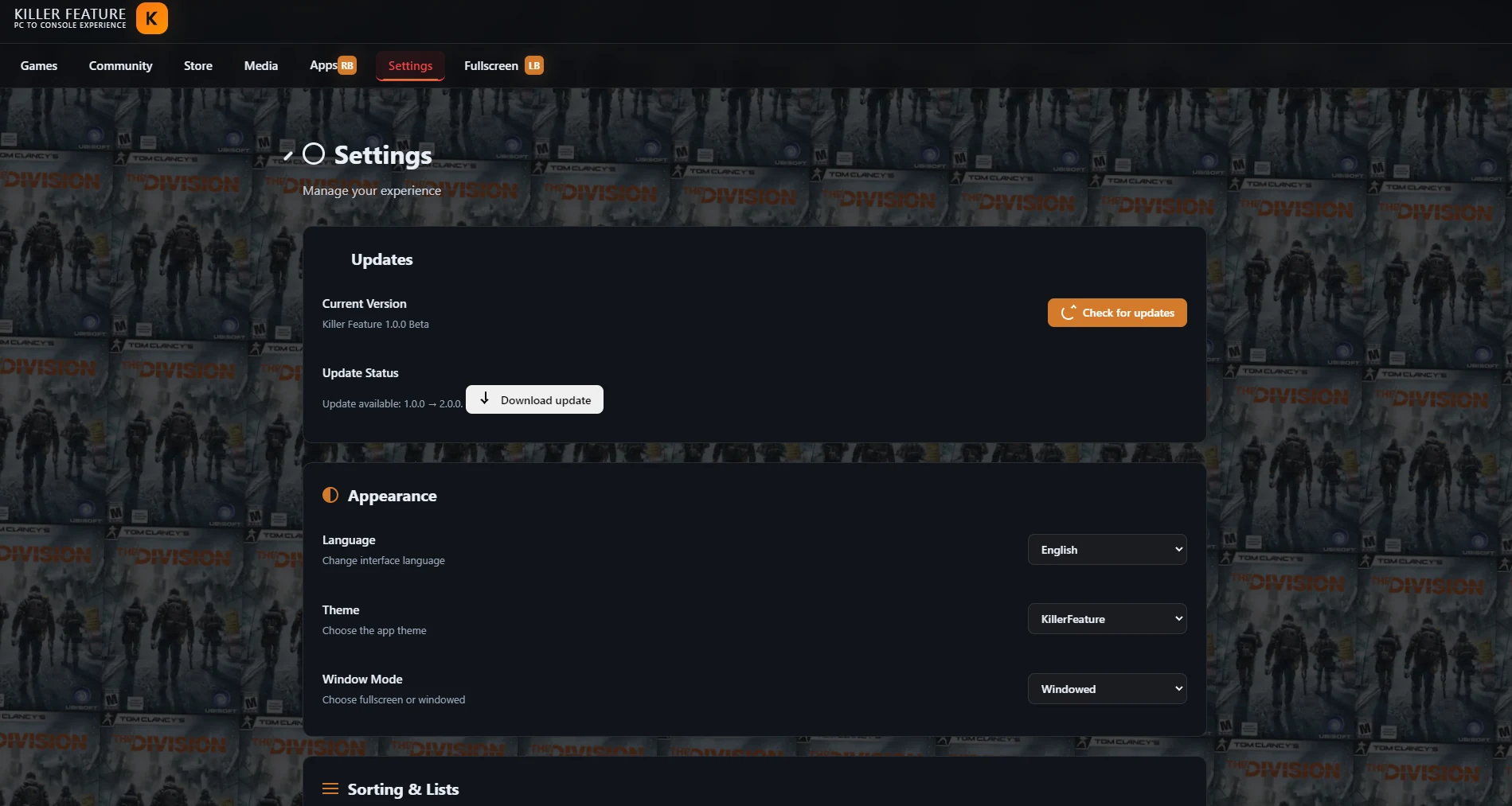 Settings tab inside Killer Feature